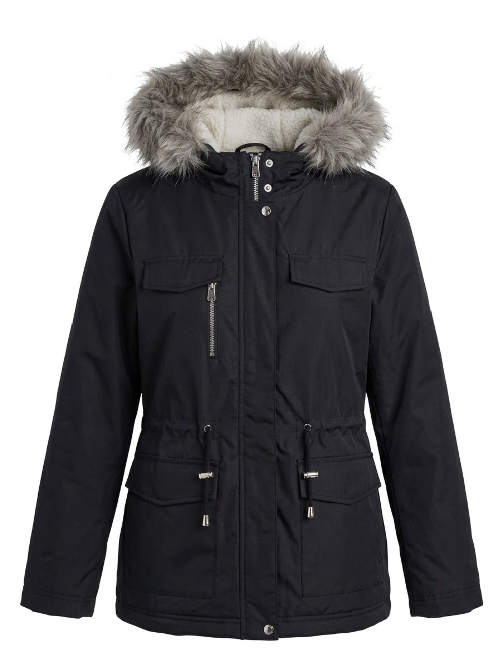 Women's Black Faux-Fur Hooded Parka Jacket Black Size Large